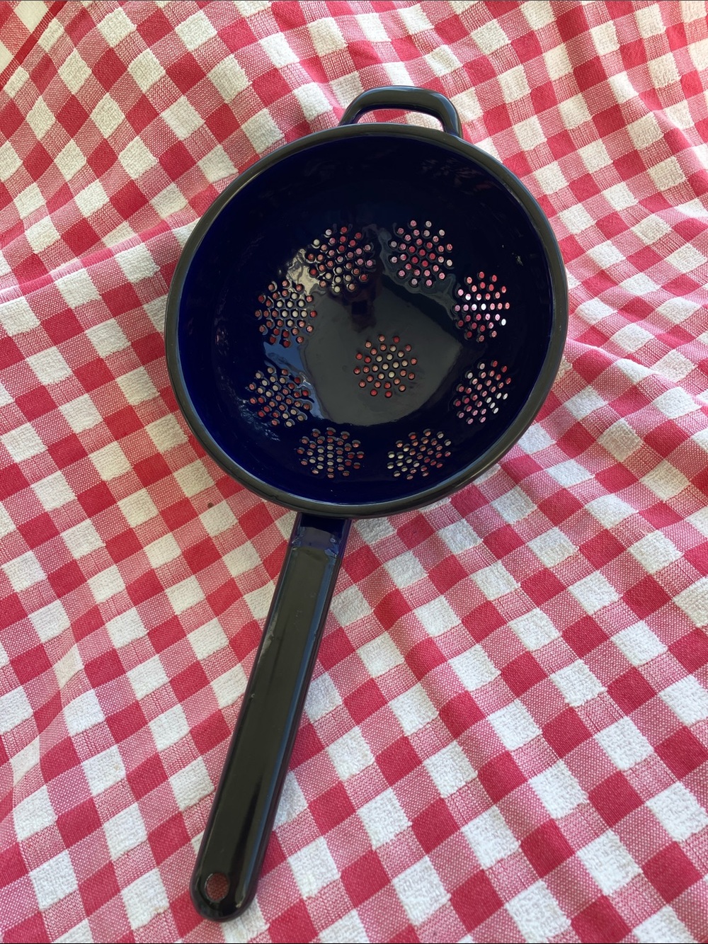 Vintage MCM Blue Enamel Colander Strainer With Long Handle & Loop
